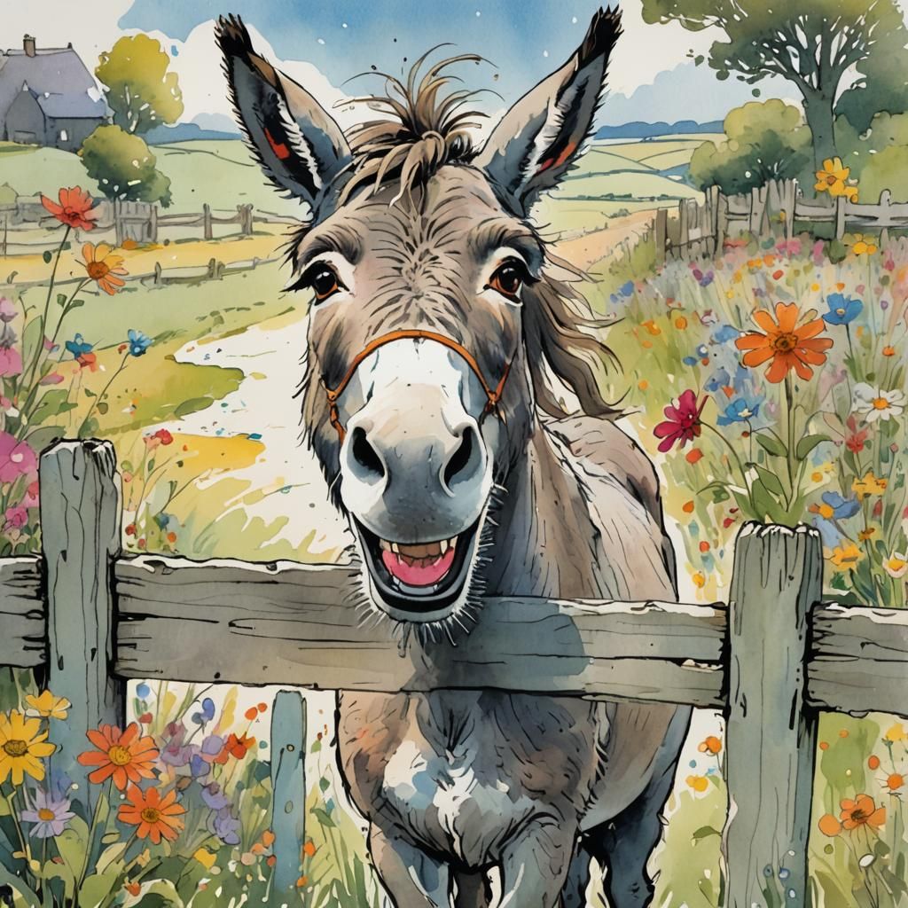 Funny Donkey Illustration in Watercolor Style