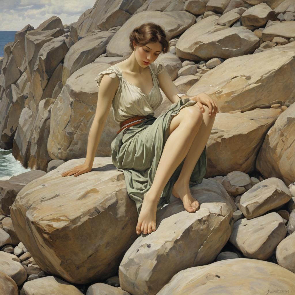 Woman on Rocks in Symbolist Style
