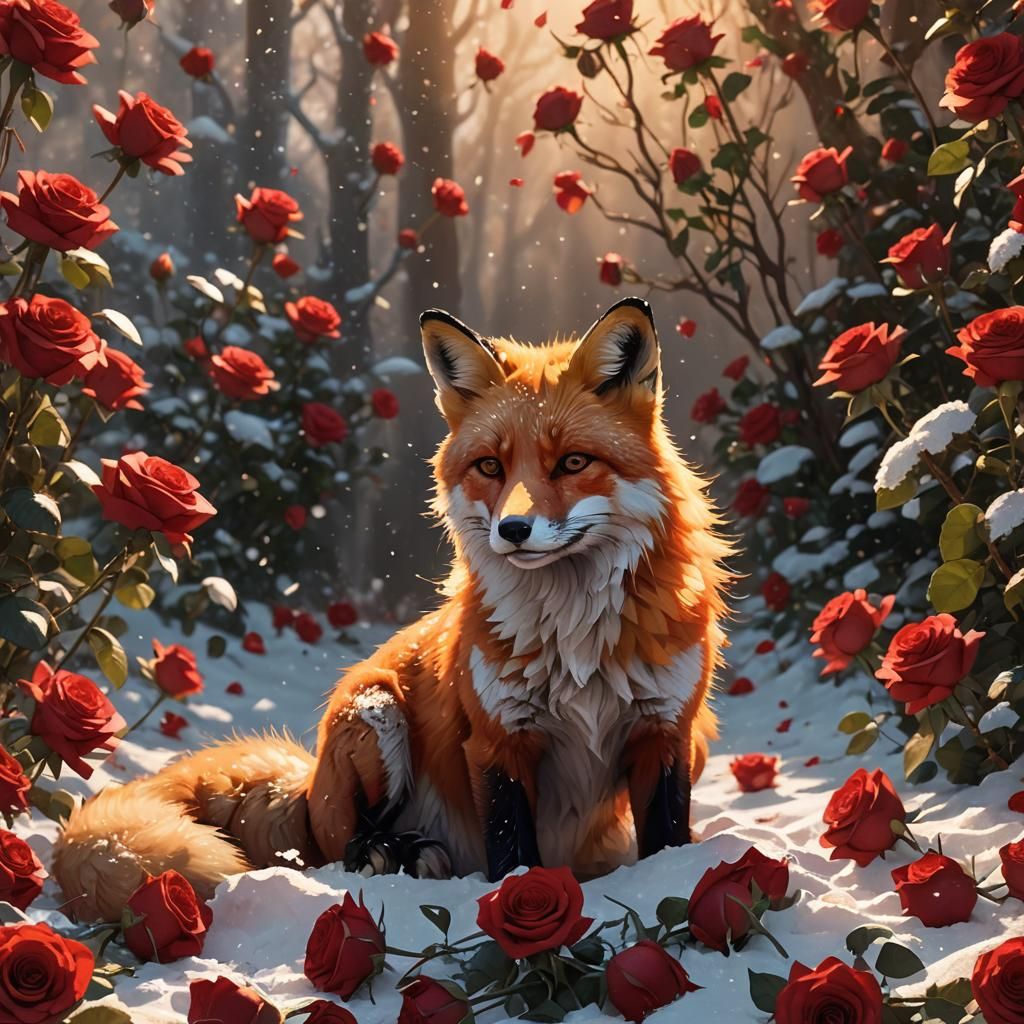Vibrant Red Fox Among Roses: Digital Concept Art