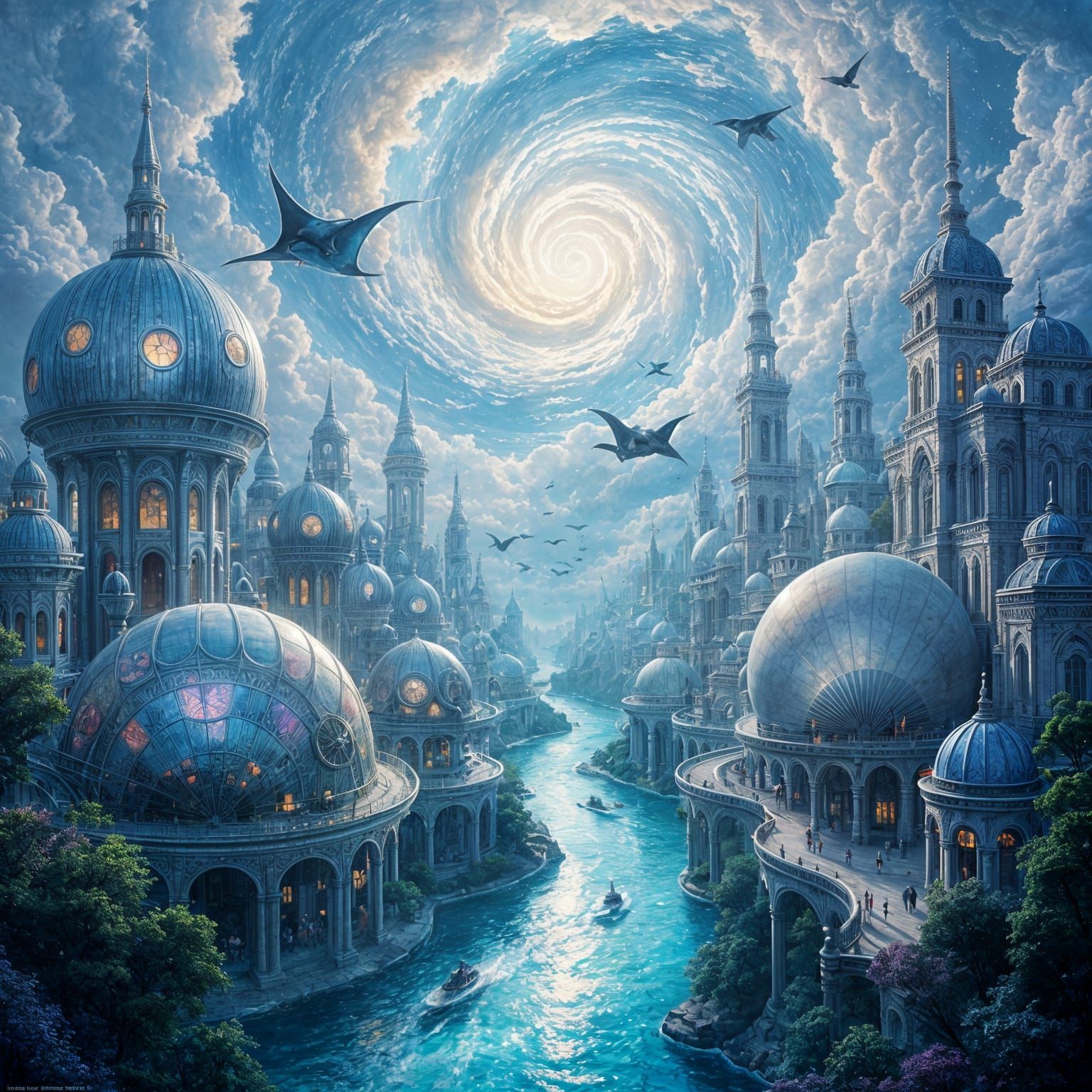 Surreal Seashell Cityscape with Starlight Rivers