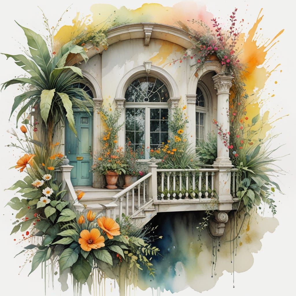 Elegant Porch Oasis in Whimsical Watercolor