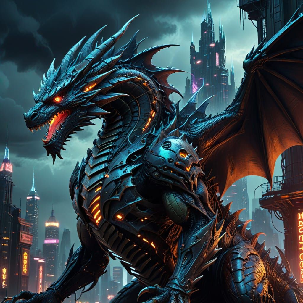 Biomechanical Dragon Coiling Around Futuristic City Spire