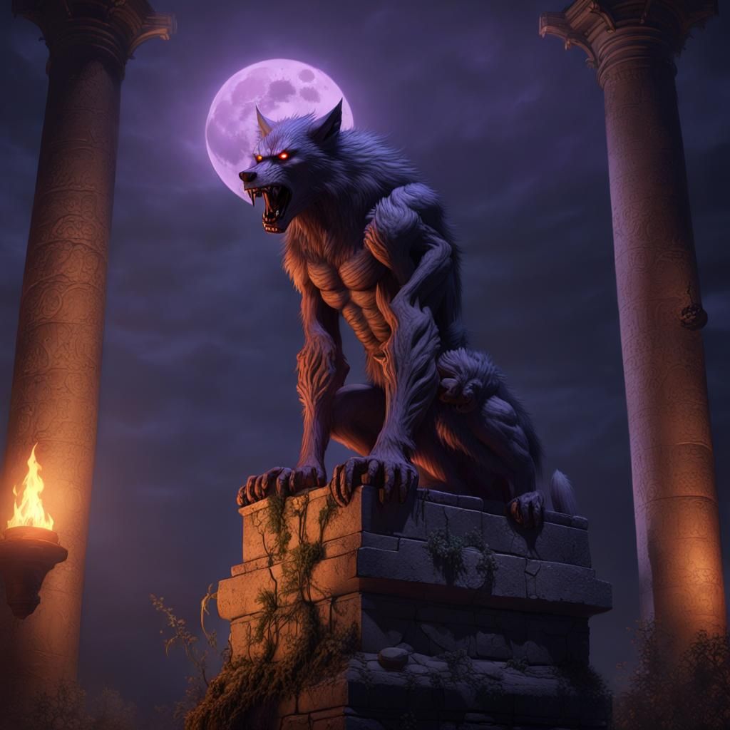 Werewolf at Castle Ruins in Dark Fantasy Style