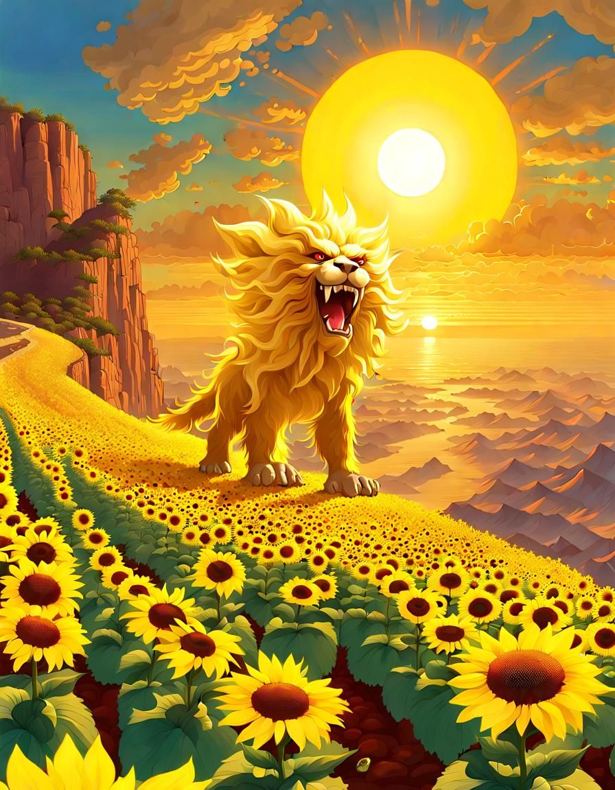 Surreal Plant Monster Lion Roaring on Cliff