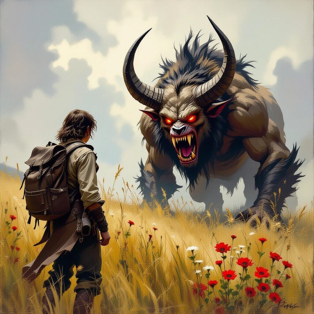 Traveler's Encounter with Beast in Dark Fantasy Style