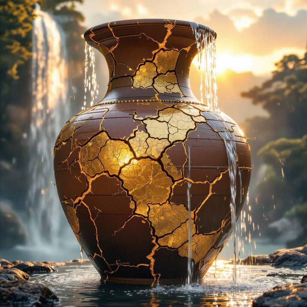 Ancient Kintsugi Vessel with Celestial Waterfall