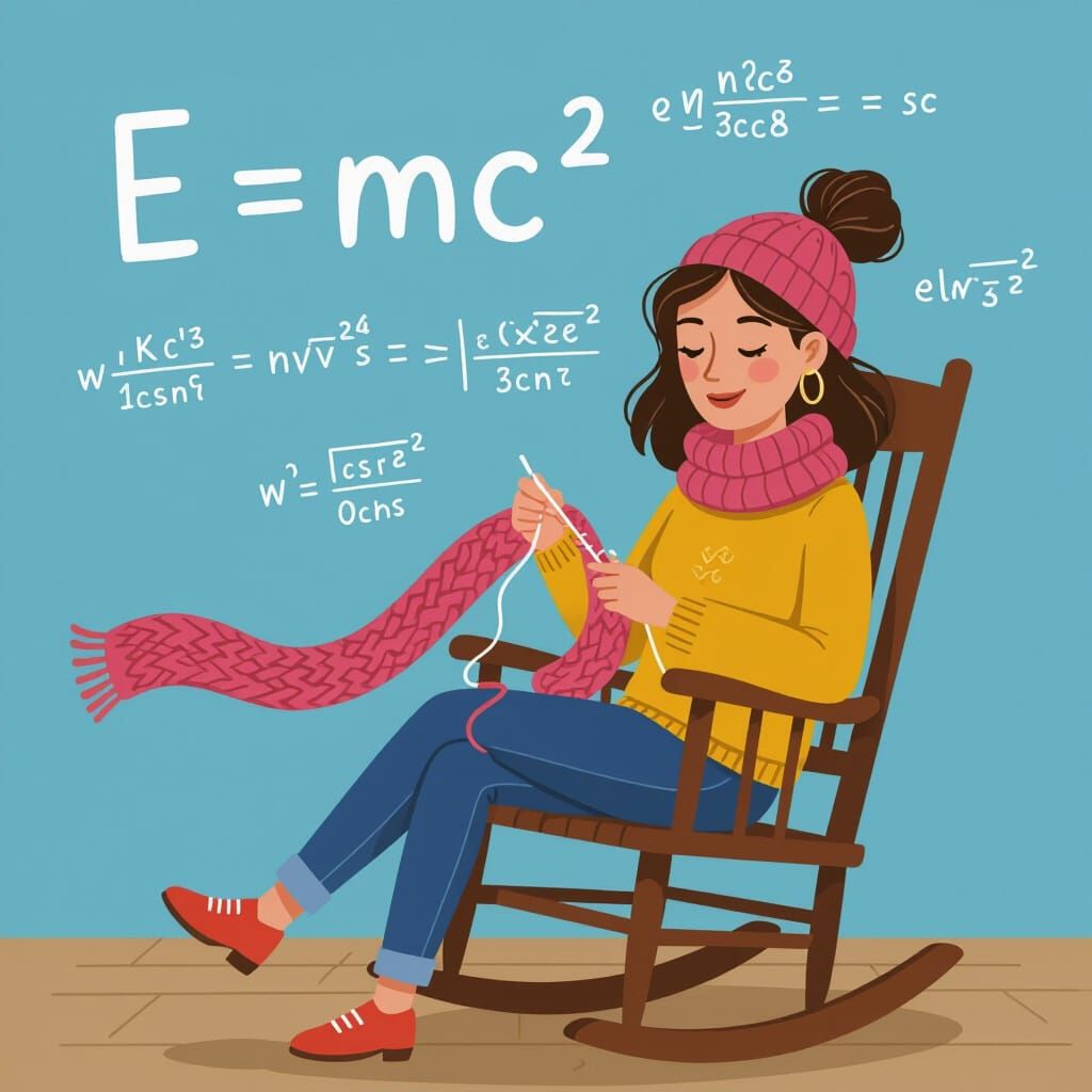 Woman Knits E=mc2 Scarf in Whimsical Digital Art