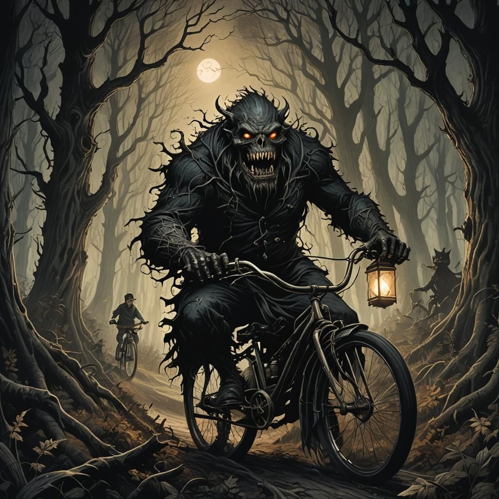 Monster Rides Bicycle Through Haunted Forest: Gothic Illustr...