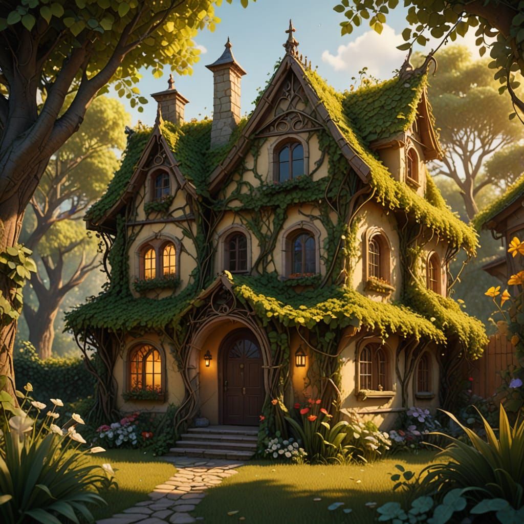 Miniature House Surrounded by Vegetation in Matte Painting S...