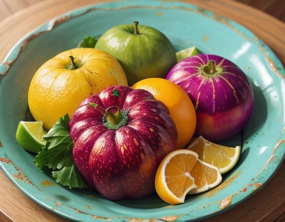 Vibrant Still Life on Wooden Table in Digital Art Style