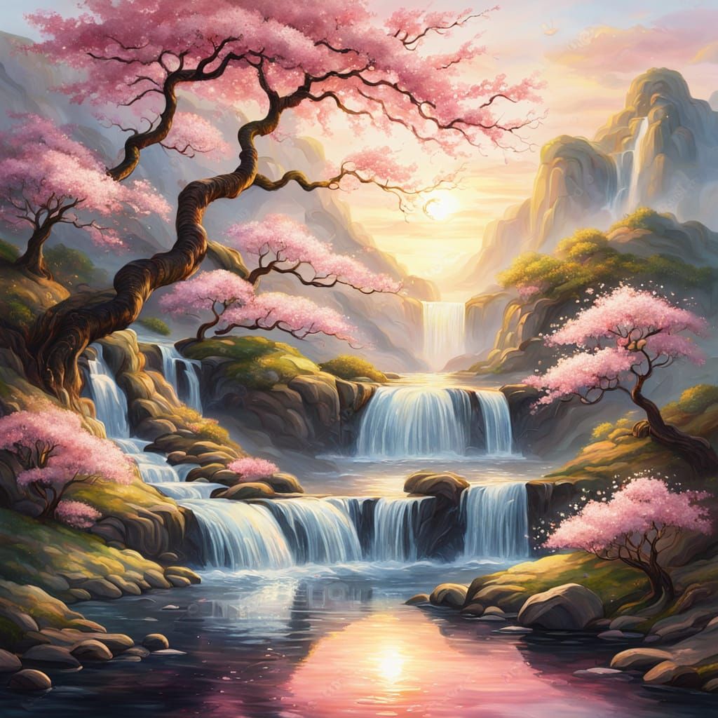 Cherry Blossom Yin Yang Waterfalls in Oil Painting