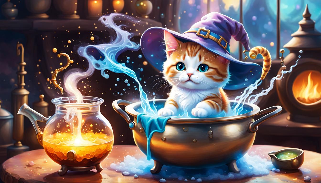 Chibi Wizard Cat Brewing Magic Potion