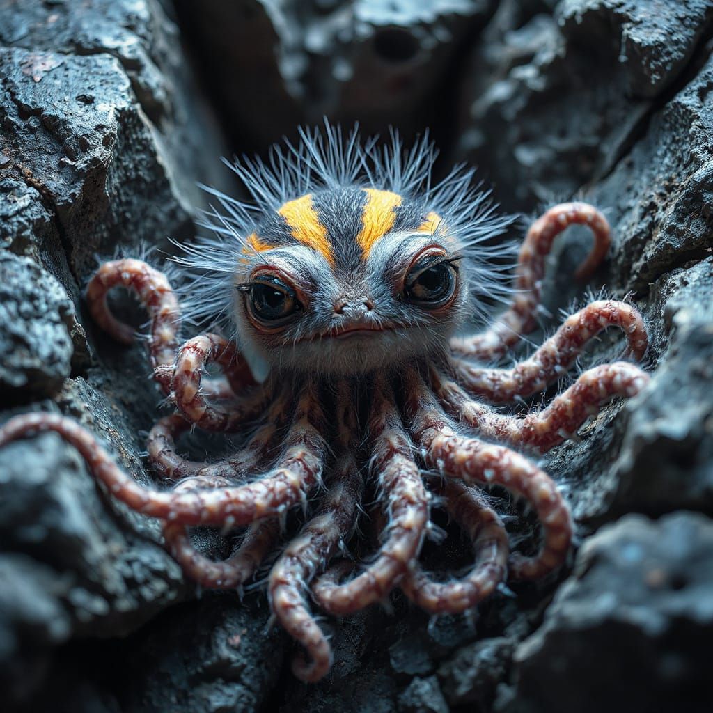 Creepy Cute Fluffy Creature with Neon Stripes & Tentacles