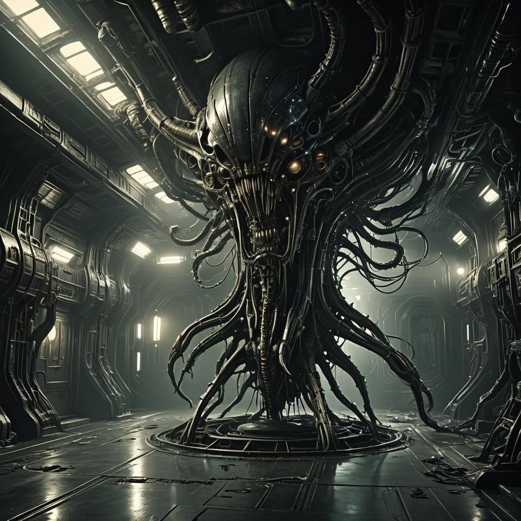 Biomechanical Horror in Alien Spaceship Interior