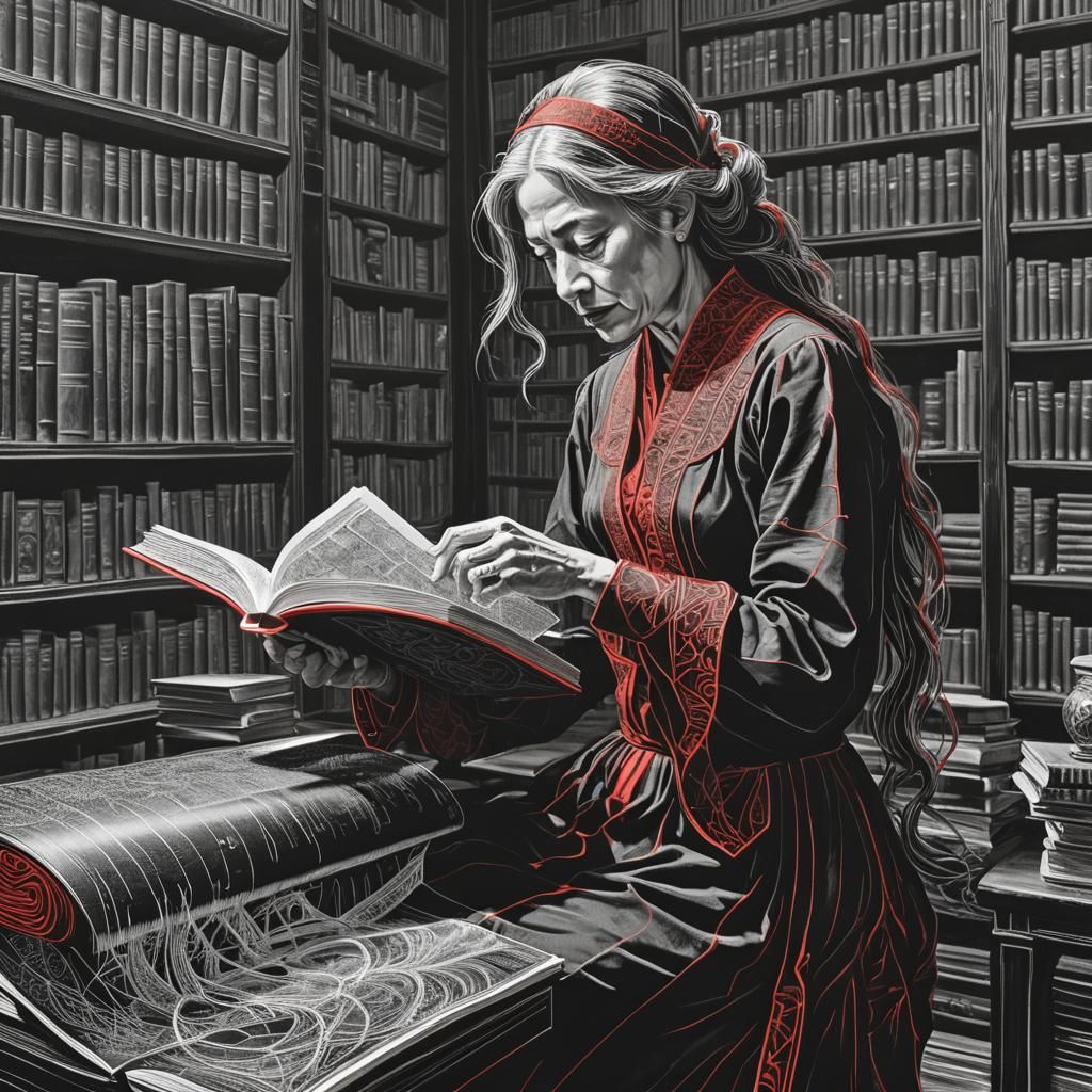 Scholarly Woman Reading: Scratch Art in Library