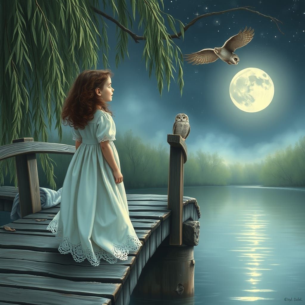 Ethereal Moonlit Scene: Girl and Owl on a Swaying Bridge