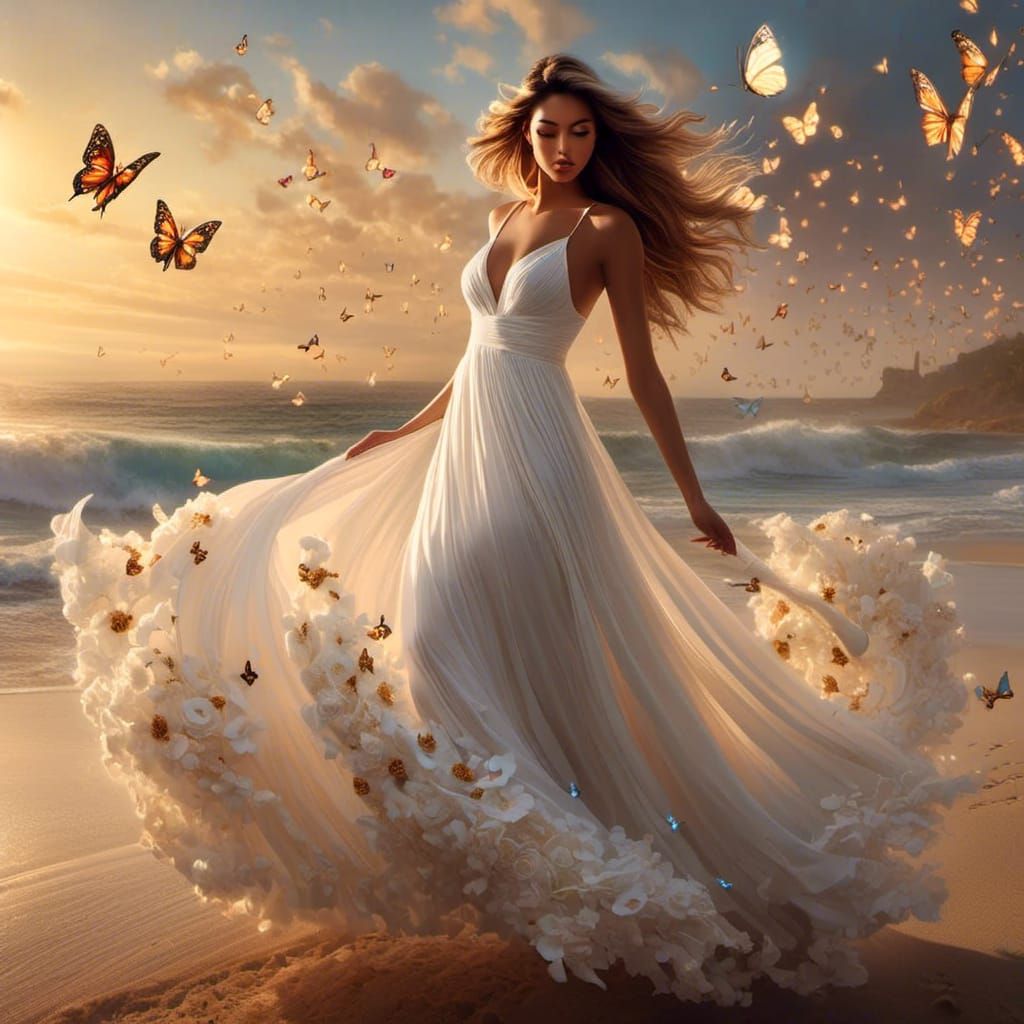 Woman in White Dress on Beach: Photorealistic Fantasy