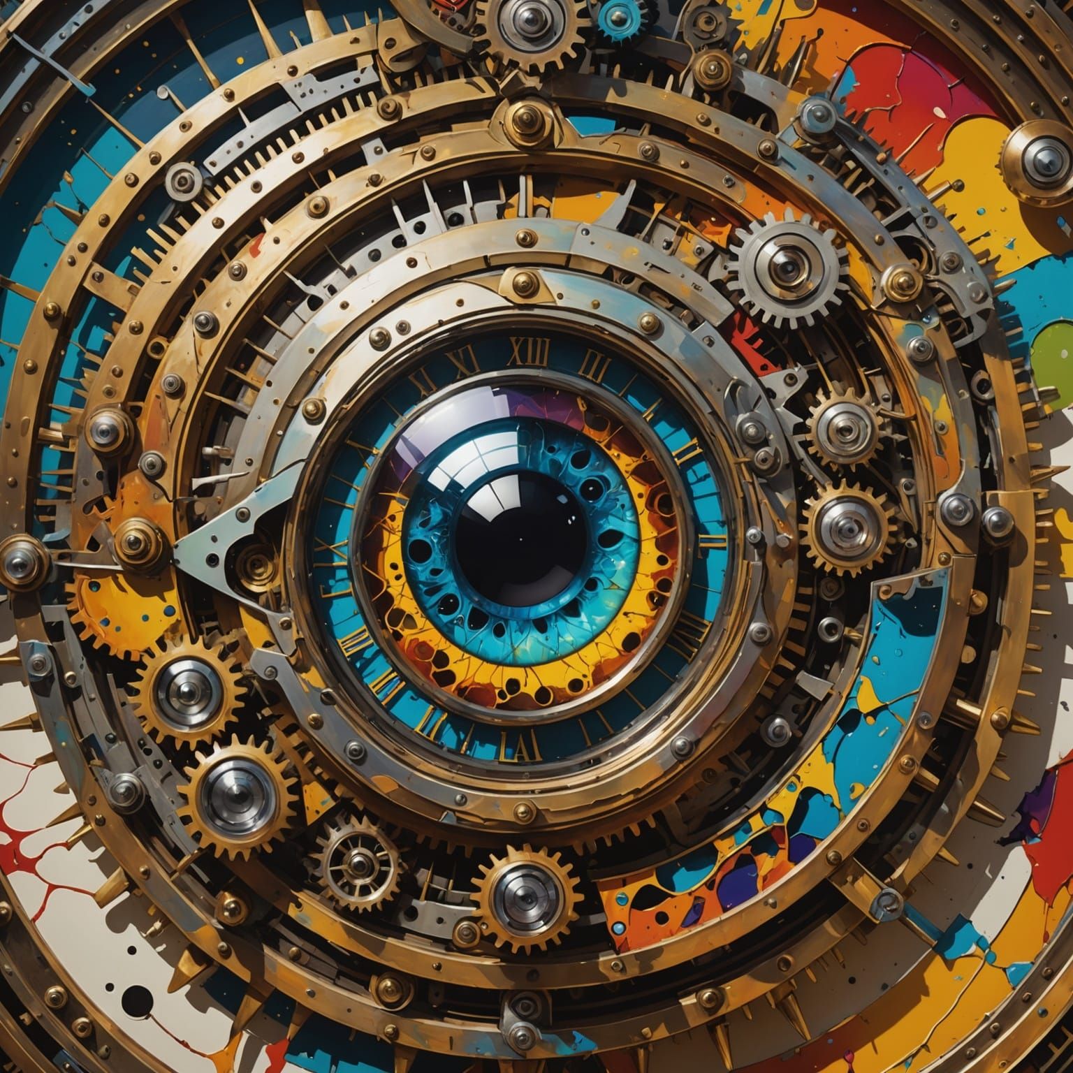 Giant Clockwork Eye in Paint Splatter Vortex