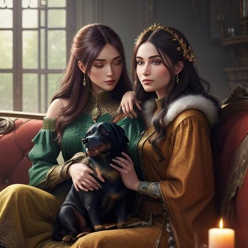 Girl with Pink Rottweiler: Detailed Fantasy Concept Art