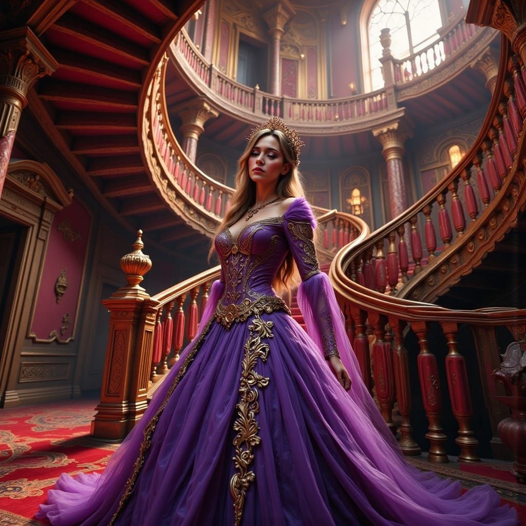 Regal Woman in Opulent, Surreal Mansion
