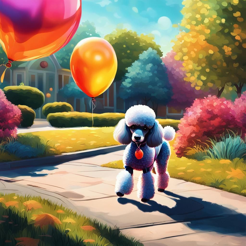 Vibrant Hyper-Realistic Poodle Stroll in Sunlit Garden