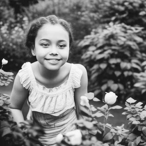 Grainy Black and White Photo of Girl in Garden