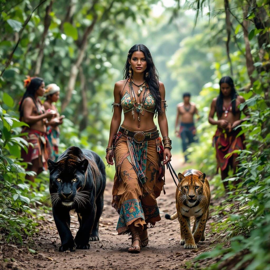 Woman and Panther Journey Through the Jungle
