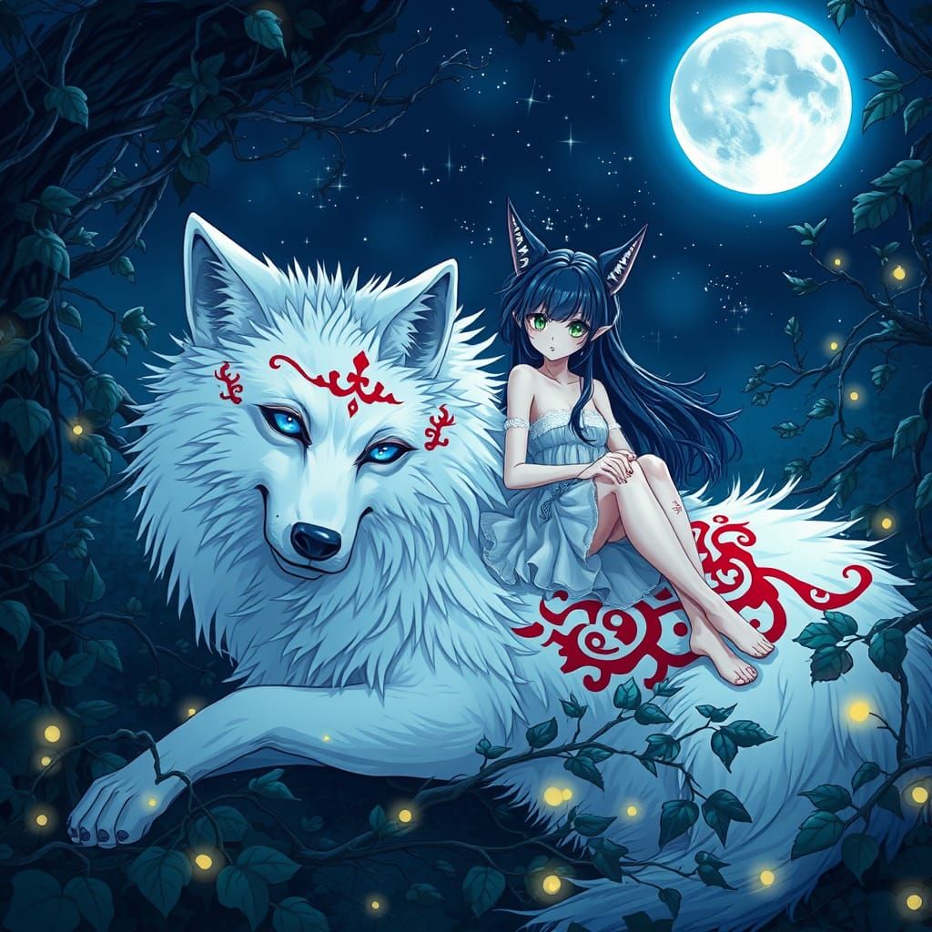 Surreal She-Wolf with Dryad in Studio Trigger Style