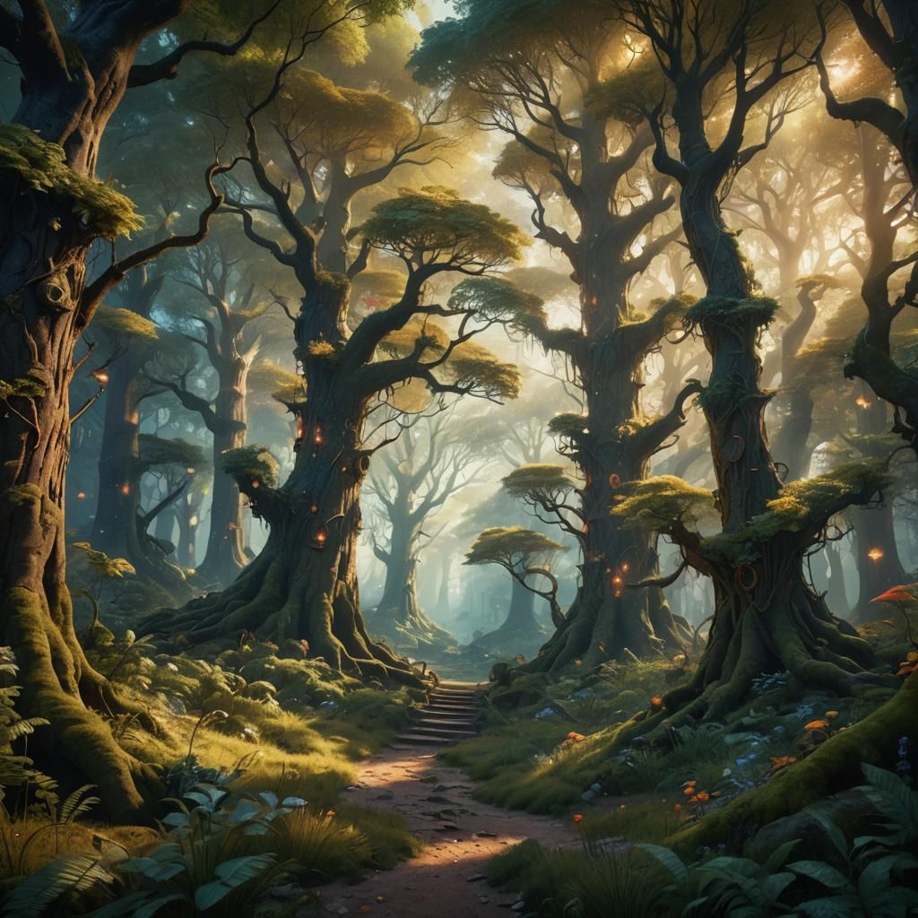Mystical Forest with Magical Energy in Digital Art