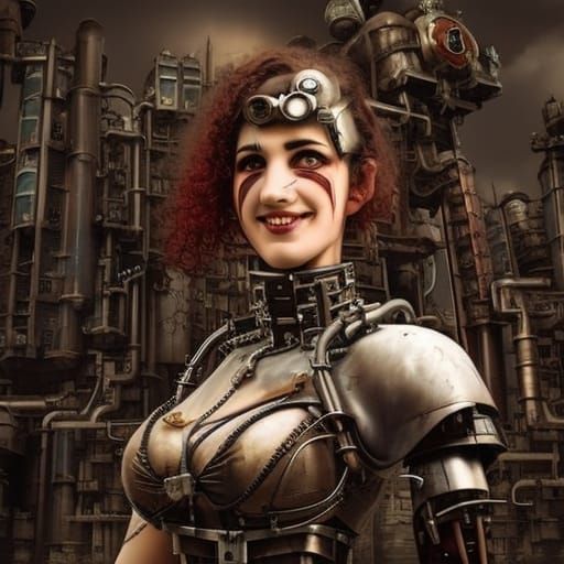 Steampunk Cyborg Lady in City Landscape