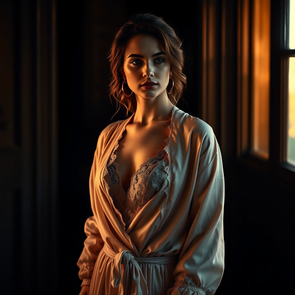 Woman in Silk Robe, Hyperrealistic Cinematic Portrait