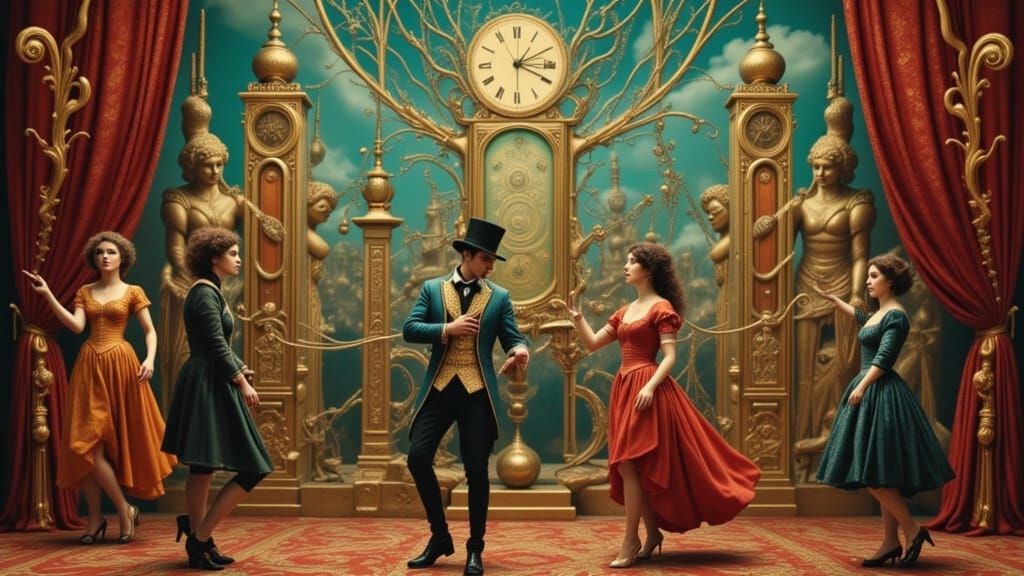 Moliere's Troupe on a Surreal Stage as Oil Painting