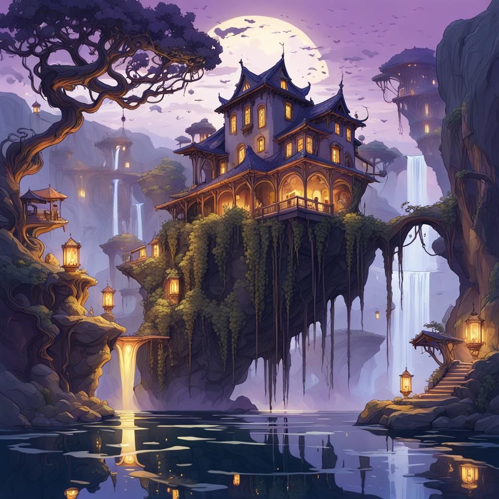 Cliffside House: Dark Fantasy Concept Art in Mucha Style