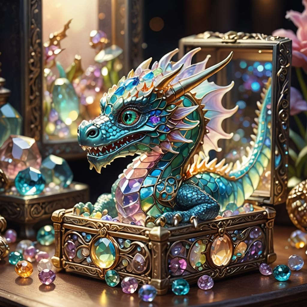 Baby Gem Dragon in Jeweled Glass Box: Art Nouveau