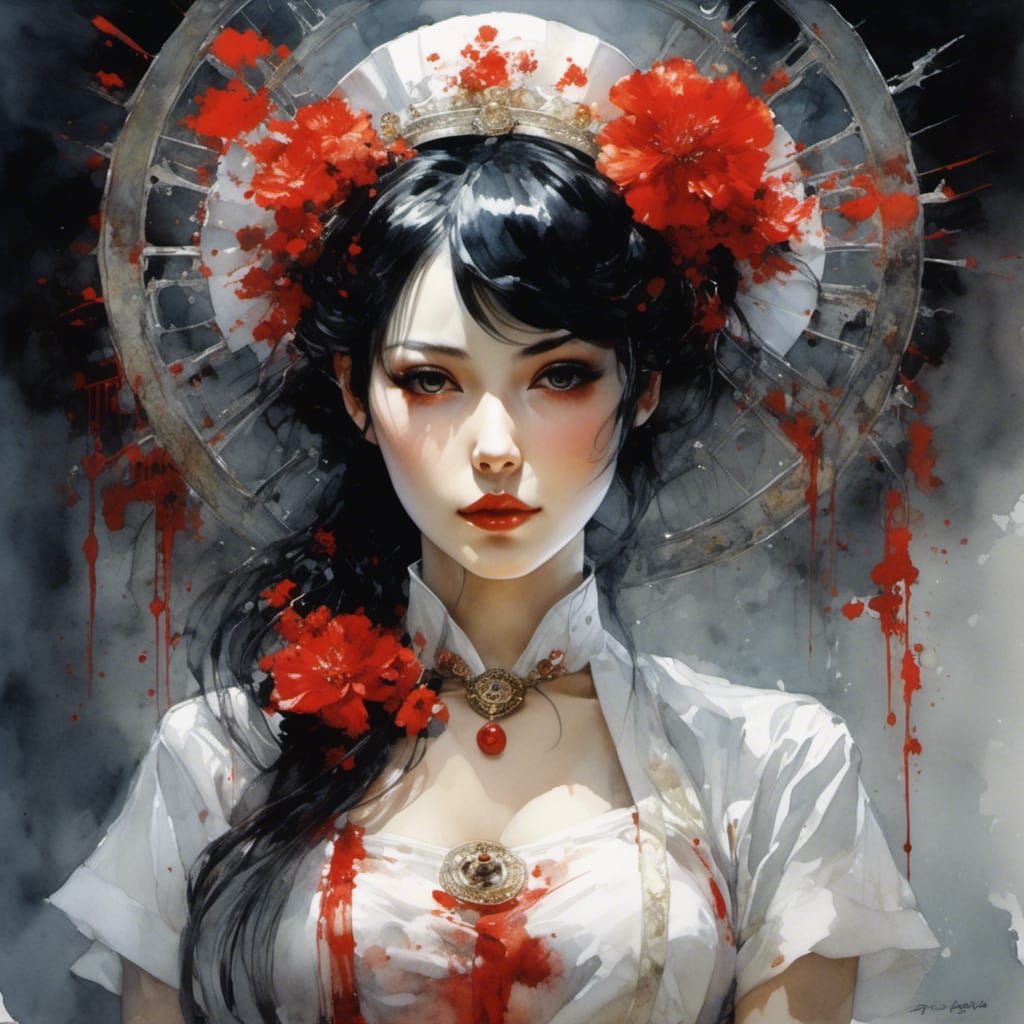 Gothic Watercolor Portrait of a Japanese Nurse