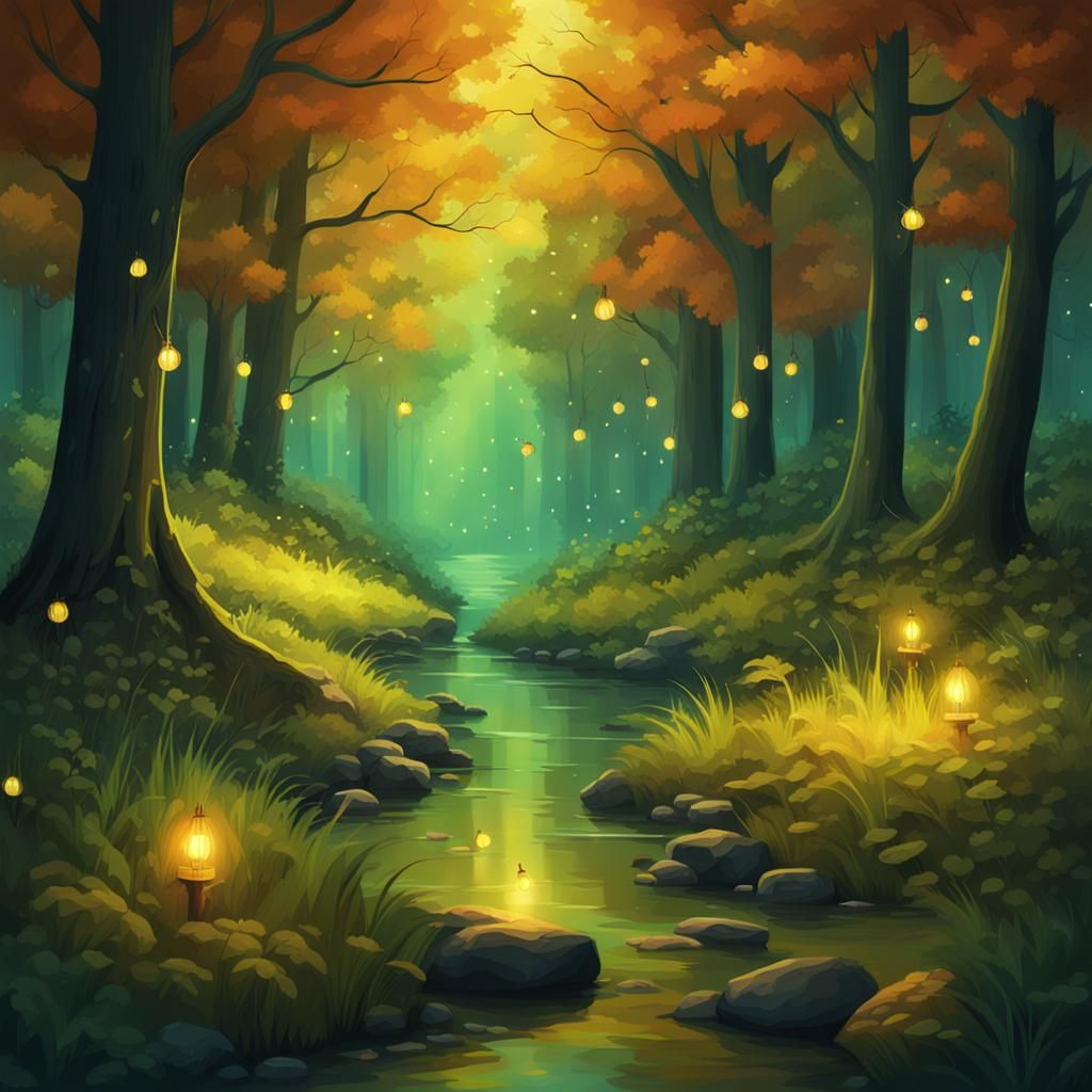 Enchanted Autumn Forest with Fireflies