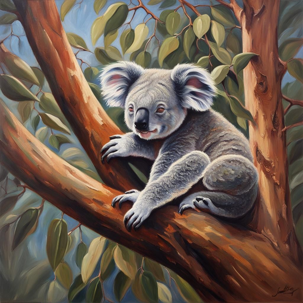 Koala Sleeping in Eucalyptus Tree Oil Painting
