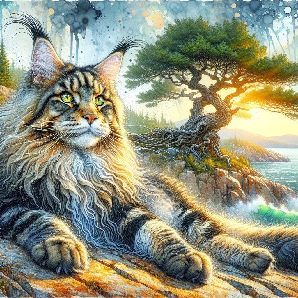 Magnificent MaineCoon Cat in Whimsical Watercolor Style