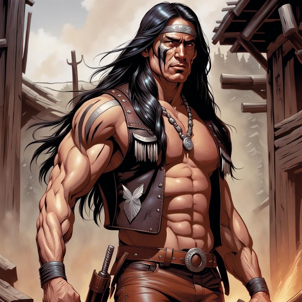 Fearsome Native American Warrior in Comic Book Style