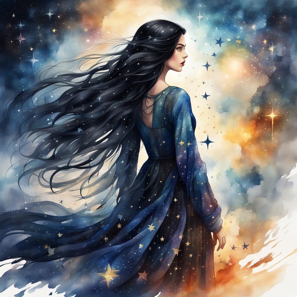 Watercolor Woman in Starry Night Sky