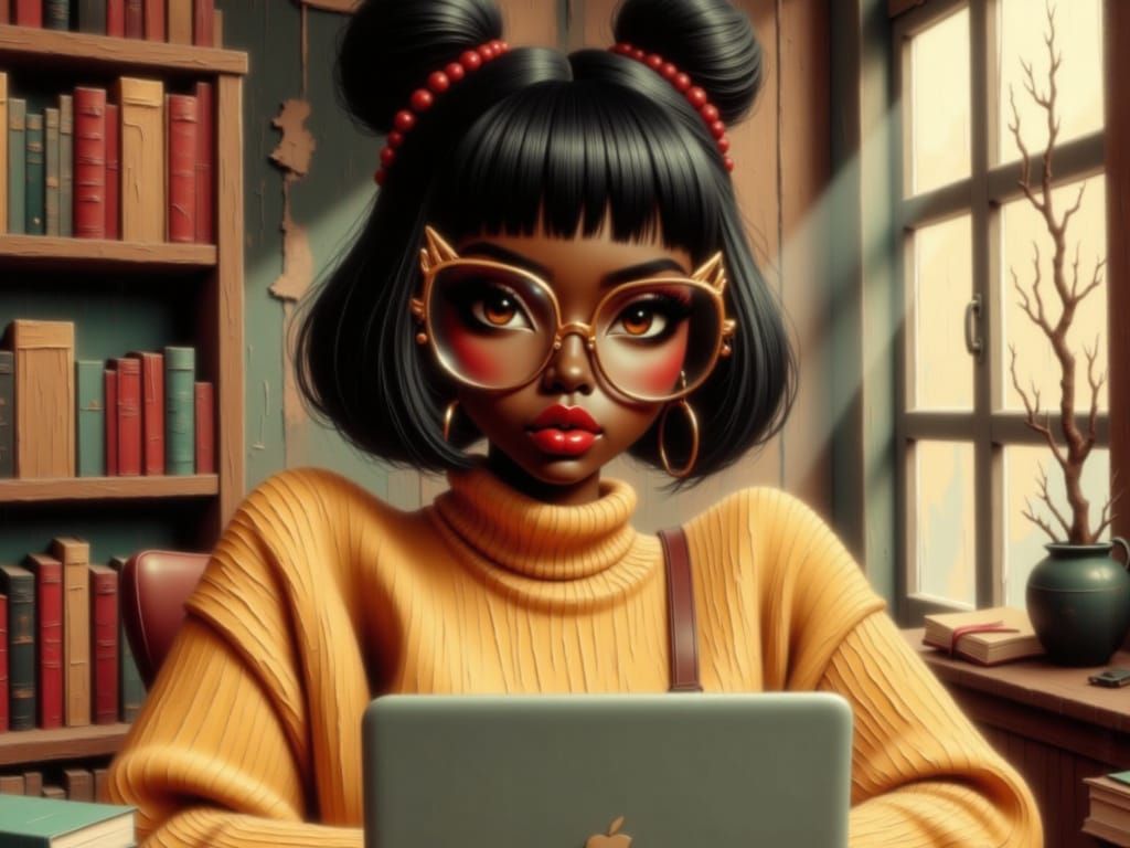 Nerdy Woman Smiling in Sunlit Library