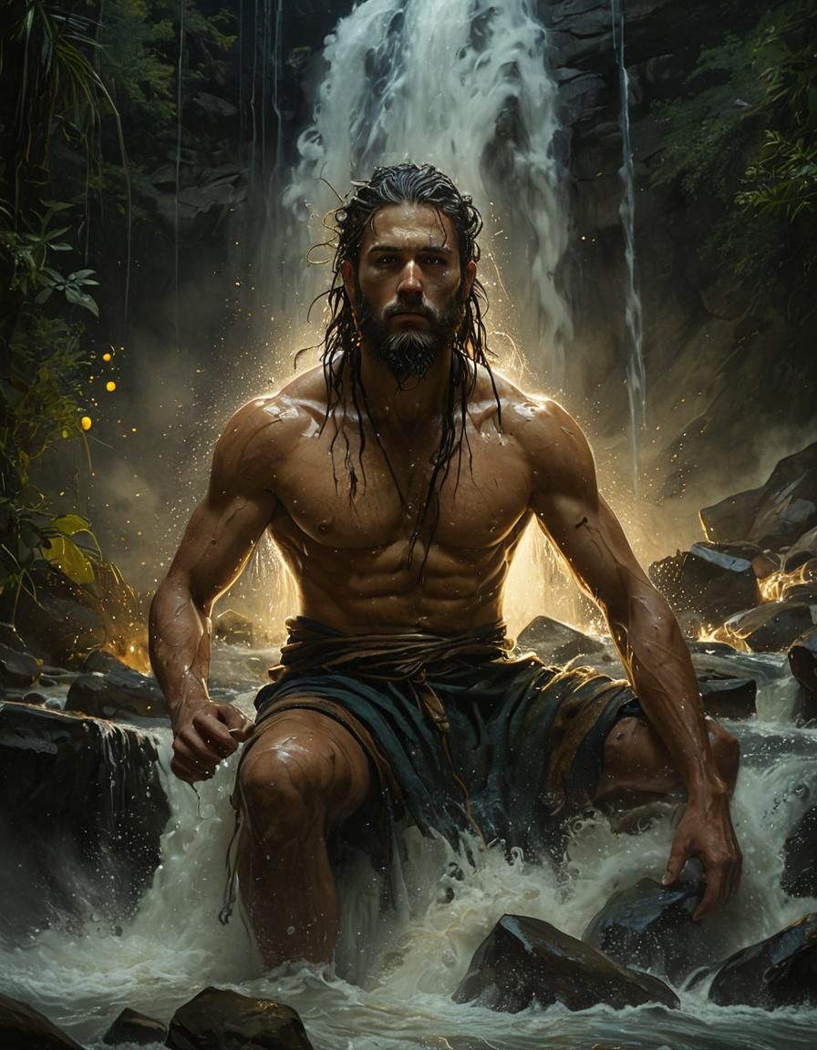 Masculine Water God Battles Impossible Waterfall