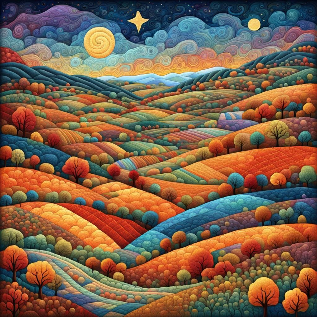 Vibrant Autumn Landscape in Astral Folk-Art Style