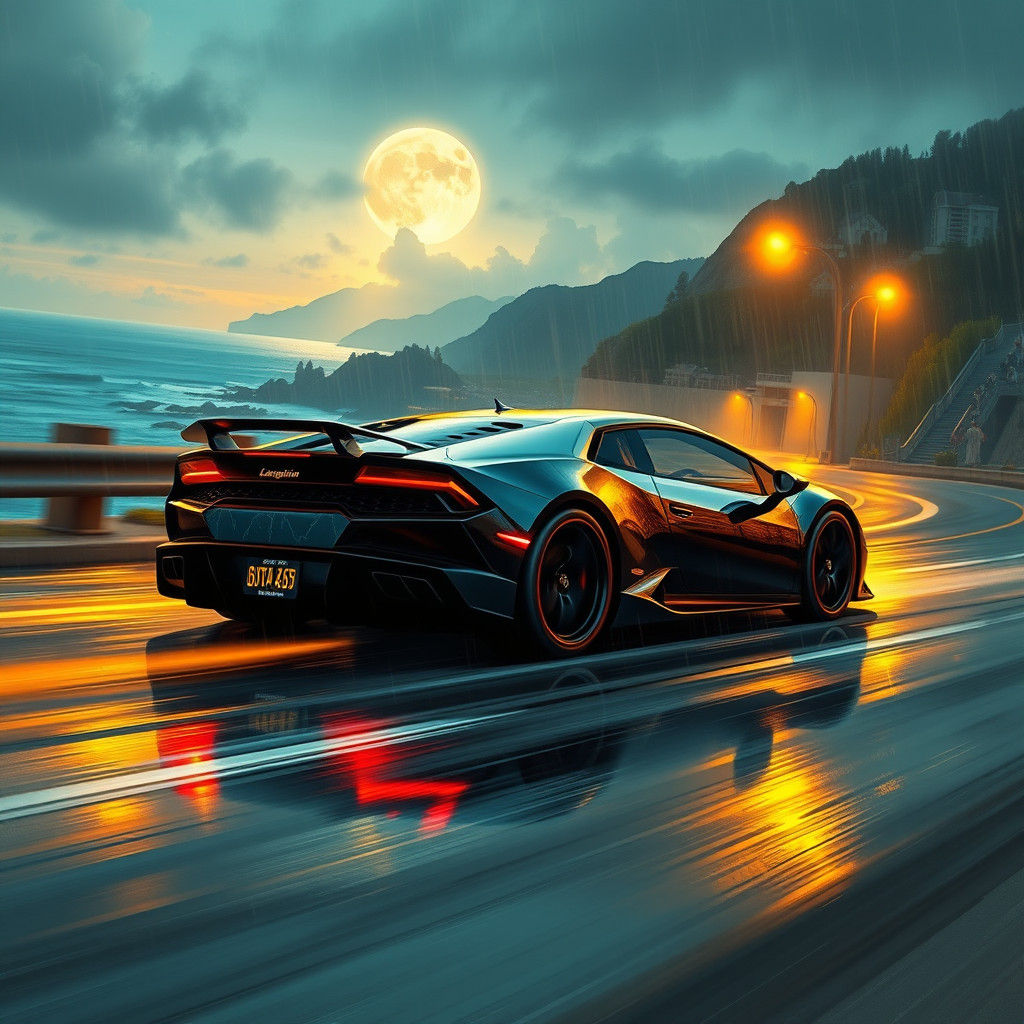 Lamborghini Huracan on Moonlit Road in Futuristic Style