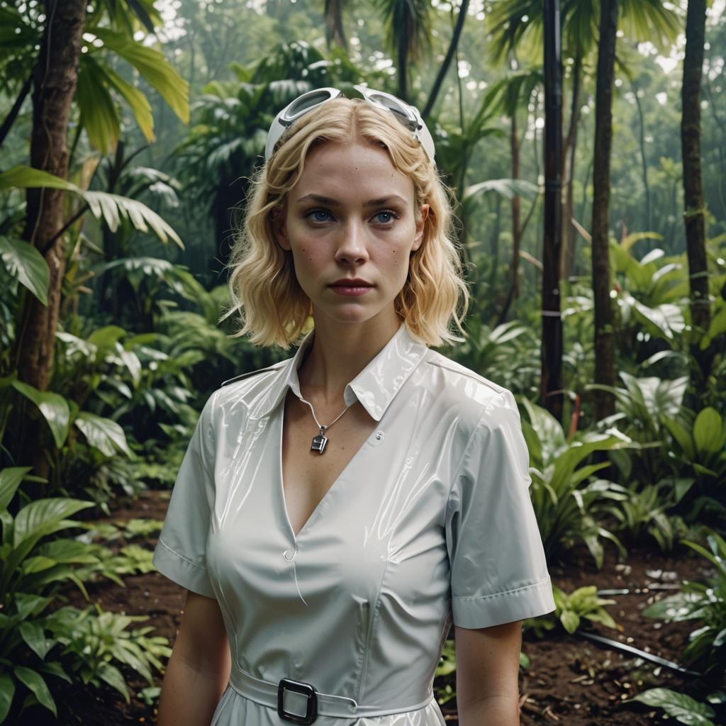 Blonde Woman in Latex Dress in Tropical Garden