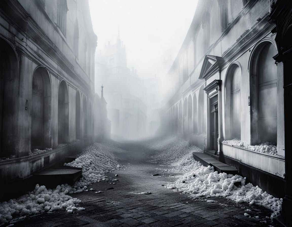 Unsettling White Plague Cityscape in Dreamcore Style