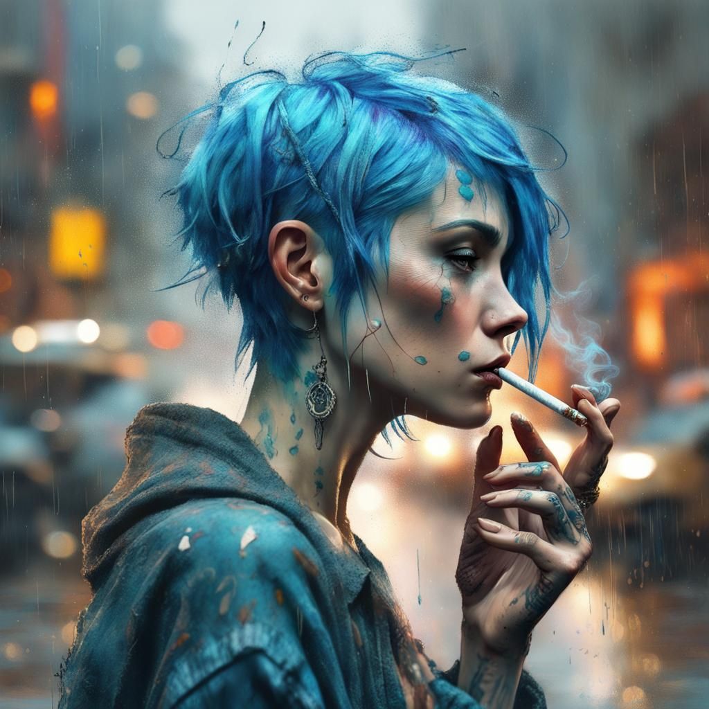 Blue-Haired Woman Smoking: Detailed 3D Digital Art