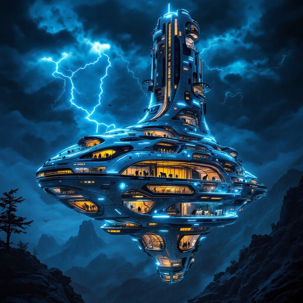 Modern Futuristic Noah's Ark with Animals in a Neon-Lit Stor...