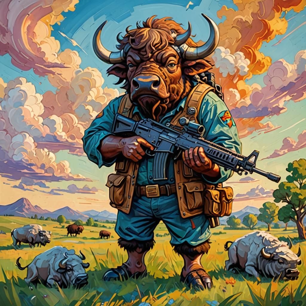 Buffalo with Machine Gun in Cartoon Style