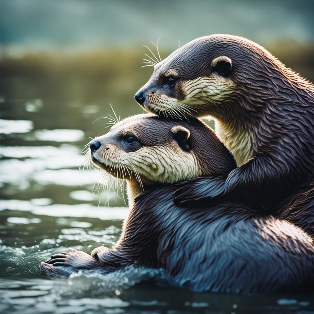 Affectionate Otters Hugging: Cinematic Film Still